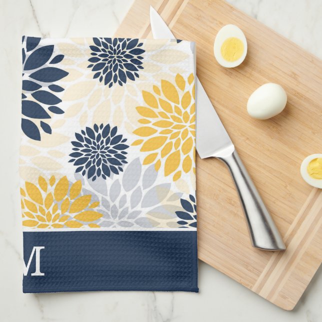 Monogramm der Navy Blue Gold Blume Geschirrtuch (Viertel Falte)