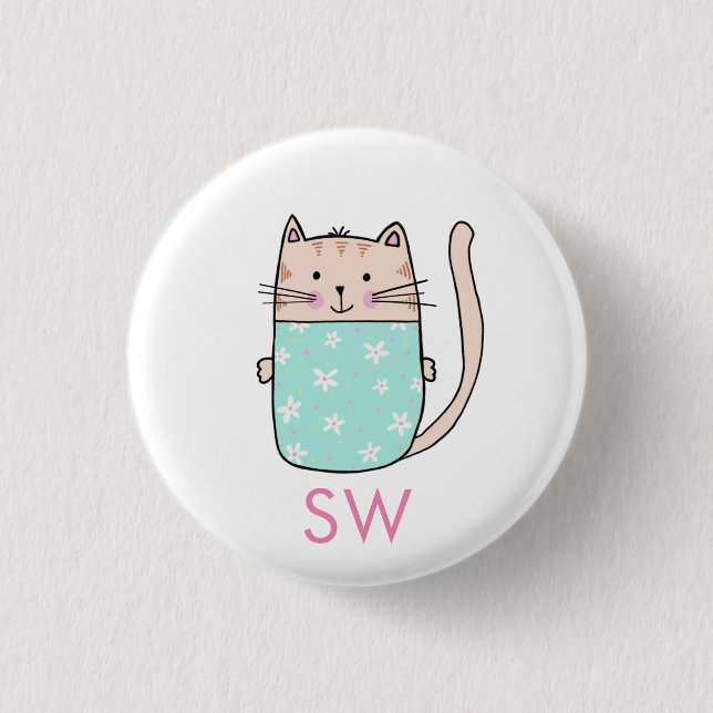 Monogramm der niedlichen floralen Katzen Button (Vorderseite)