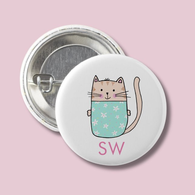 Monogramm der niedlichen floralen Katzen Button (Kitty Cat personalized button)