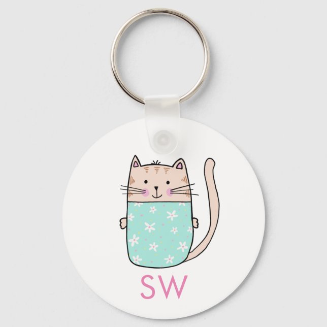 Monogramm der niedlichen floralen Katzen Schlüsselanhänger (Vorderseite)
