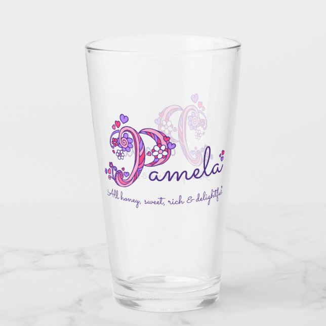 Monogramm der Pamelanamensbedeutungsherz-Blume P Glas (Vorderseite)