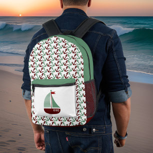 Monogramm der Retro-Dunkelrot-Segelboote-Anker Bedruckter Rucksack