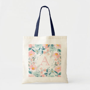 Monogramm der rosa und grünen Blumenrinnen Tragetasche