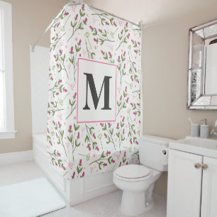 Monogramm der rosa und grünen Wildblumen Duschvorhang