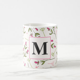 Monogramm der rosa und grünen Wildblumen Kaffeetasse