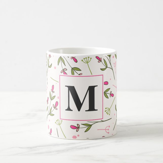 Monogramm der rosa und grünen Wildblumen Kaffeetasse (Mittel)