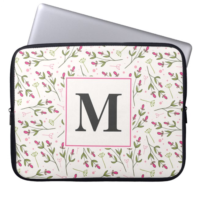 Monogramm der rosa und grünen Wildblumen Laptopschutzhülle (Vorderseite)