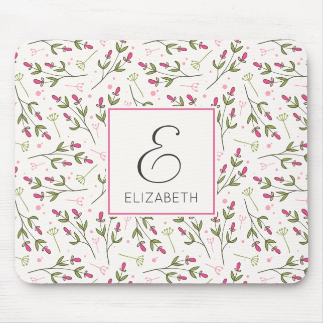 Monogramm der rosa und grünen Wildblumen Mousepad (Vorne)