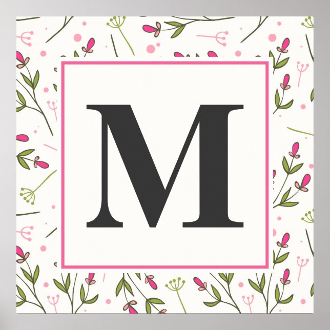 Monogramm der rosa und grünen Wildblumen Poster (Vorne)