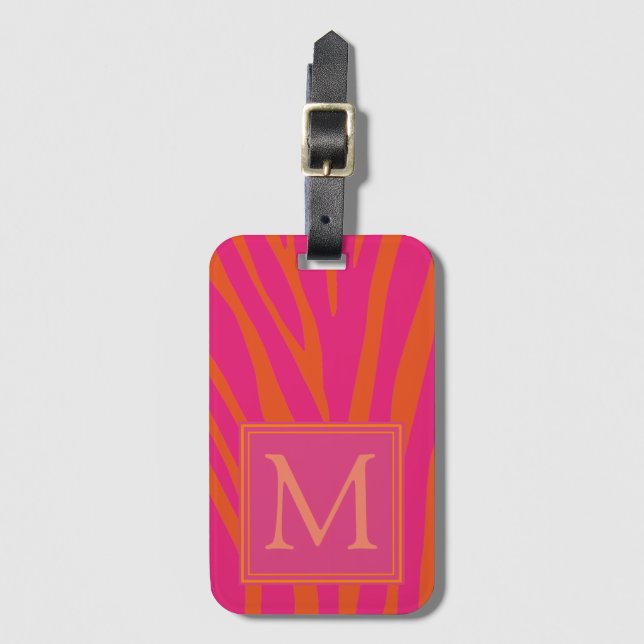 Monogramm der rosa und orangefarbenen Zebra-Streif Gepäckanhänger (Vorderseite Vertikal)