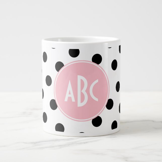 Monogramm der rosa weißen und schwarzen Polka-Punk Jumbo-Tasse (Vorderseite)