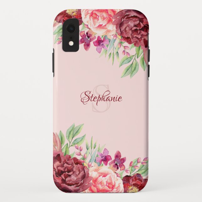 Monogramm der Rose Burgund Peach Blush Floral Case-Mate iPhone Hülle (Rückseite)