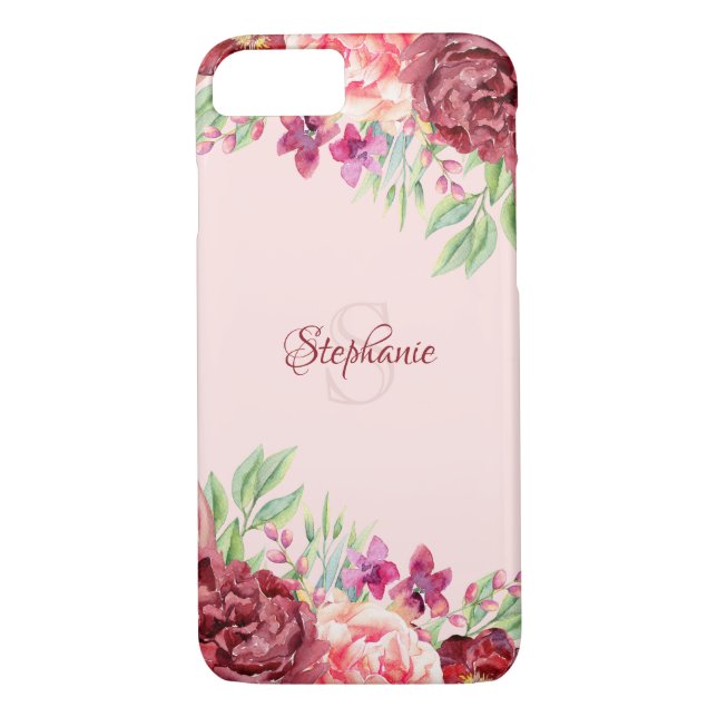 Monogramm der Rose Burgund Peach Blush Floral Case-Mate iPhone Hülle (Rückseite)