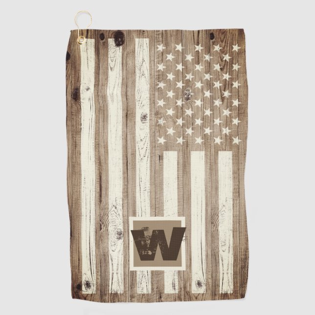 Monogramm der Rustic Wood USA Flag Golfhandtuch (Vorderseite)