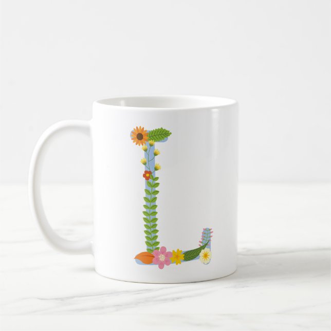 Monogramm der rustikalen Whimsikalen Blume (L) Kaffeetasse (Links)