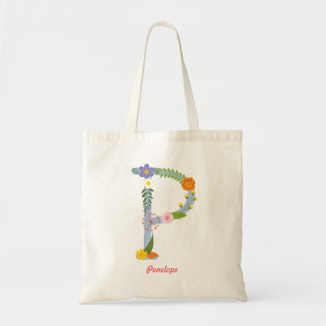 Monogramm der rustikalen Whimsikalen Blume (P) Tragetasche (Vorne)