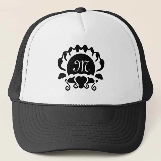 Monogramm der schwarzen Clam-Silhouette Truckerkappe (Vorderseite)