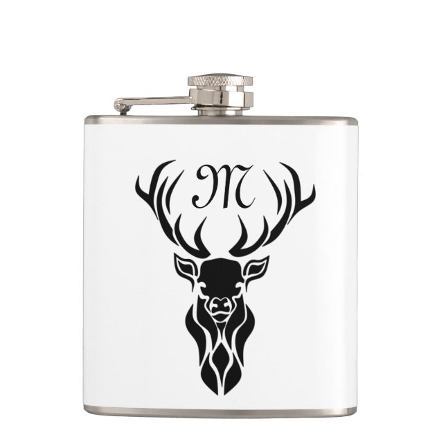 Monogramm der schwarzen Stag-Silhouette Flachmann (Vorderseite)