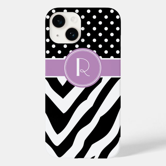 Monogramm der schwarzen und Lila Zebra-Polka-Dots Case-Mate iPhone Hülle (Rückseite)