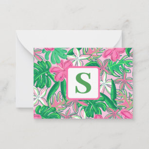 Monogramm der tropischen Blume Rosa grüne, grüne P Mitteilungskarte
