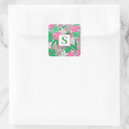 Monogramm der tropischen Blume Rosa grüne, grüne P Quadratischer Aufkleber