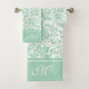 Monogramm der Vintagen Damasken, minzgrün und weiß Badhandtuch Set