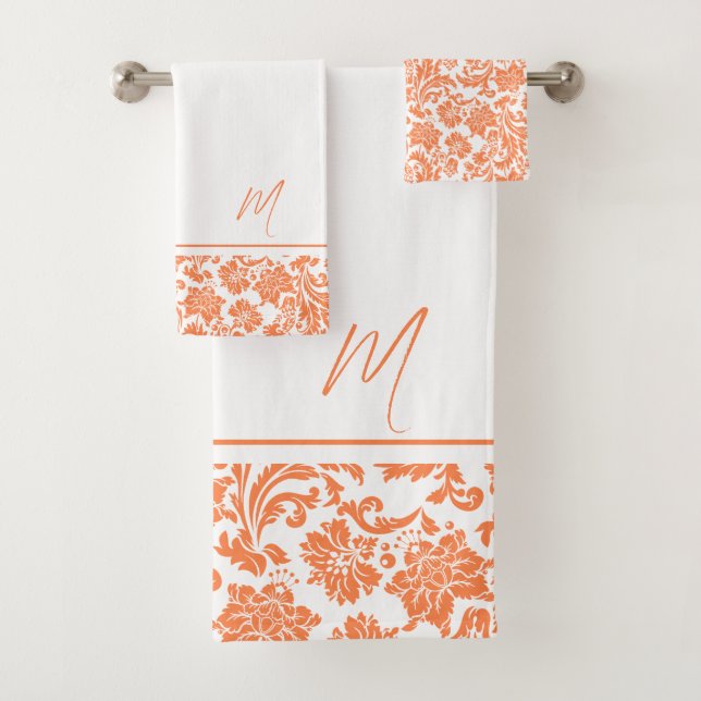 Monogramm der Vintagen Orangen-Damasken Badhandtuch Set (Insitu)