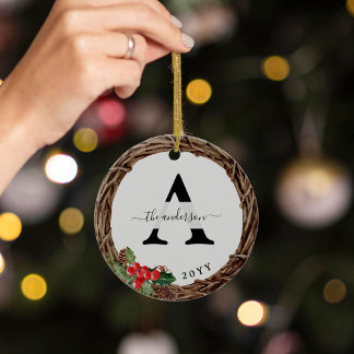 Monogramm der Weihnachtsbaumfamilie mit Foto Keramik Ornament