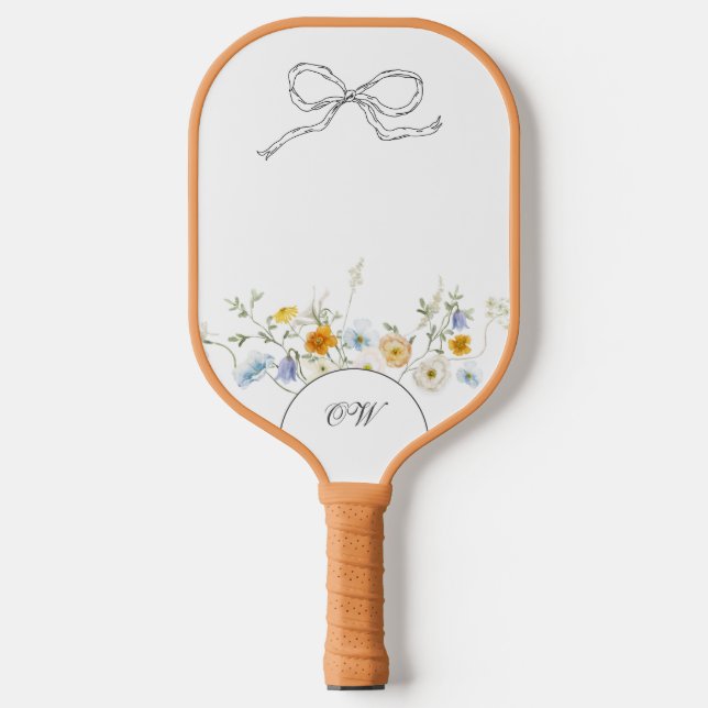 Monogramm der Wildblume Handgezeichnete Bow-Floral Pickleball Schläger (Vorderseite)