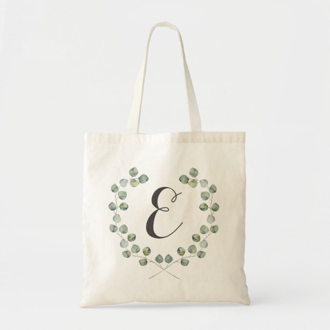 Monogramm des Aquarell-Eukalyptus-Blatt-Spant-| Tragetasche (Vorne)