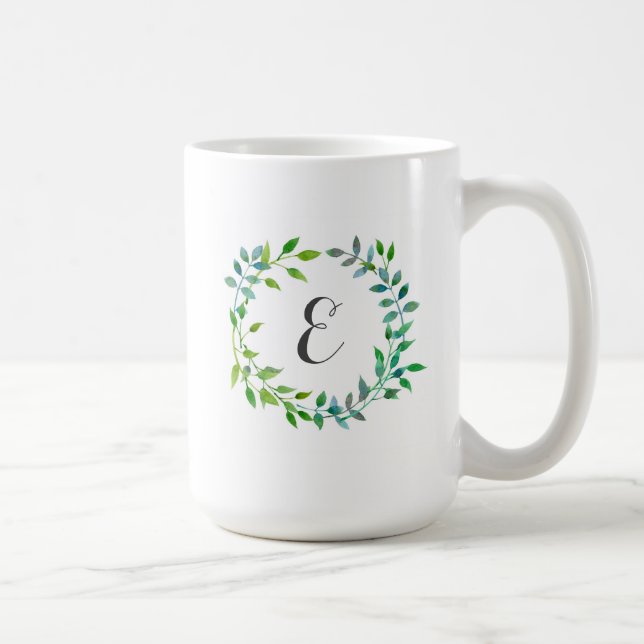 Monogramm des Aquarell-grünes Blatt-Kranz-| Kaffeetasse (Rechts)