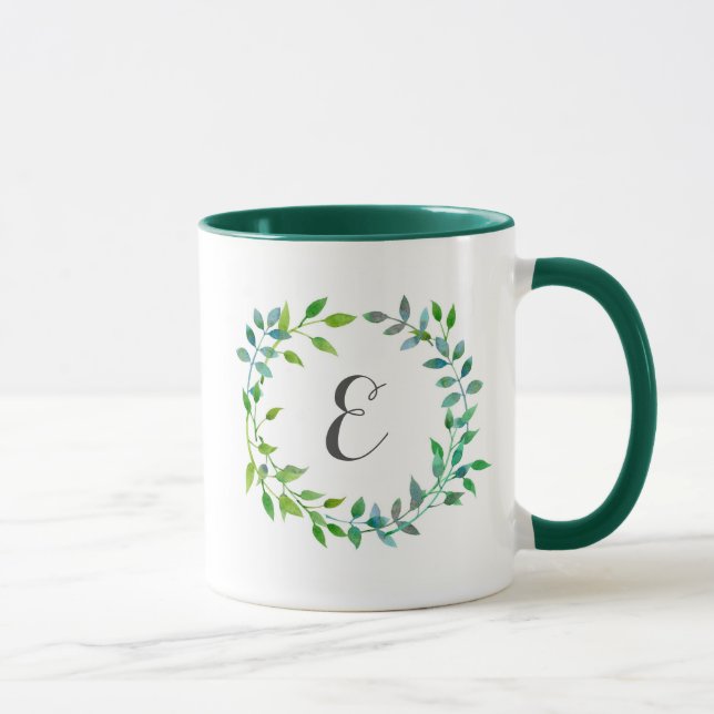 Monogramm des Aquarell-grünes Blatt-Kranz-| Tasse (Rechts)