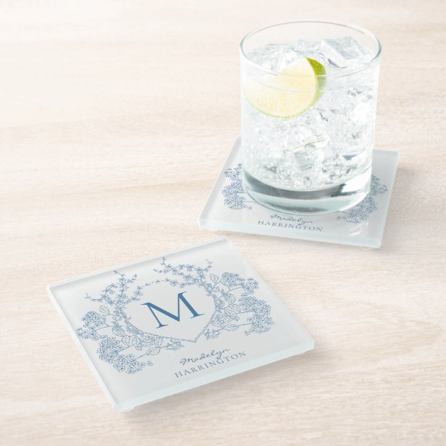 Monogramm des blauen blauen Wappen Glasuntersetzer (Schrägansicht)