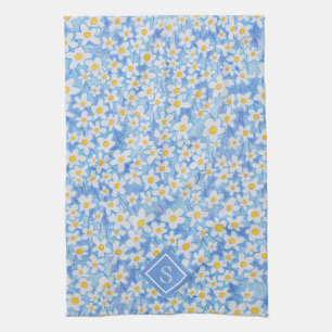 Monogramm des blauen Daisy-Muster Geschirrtuch