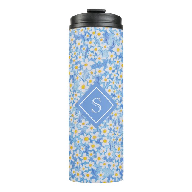 Monogramm des blauen Daisy-Muster Thermosbecher (Vorderseite)