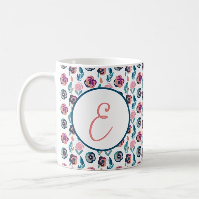 Monogramm des blauen und rosa Blumenmusters Kaffeetasse (Links)