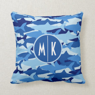 Monogramm des blauer Haifisch-Muster- Kissen