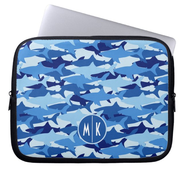 Monogramm des blauer Haifisch-Muster-| Laptopschutzhülle (Vorderseite)