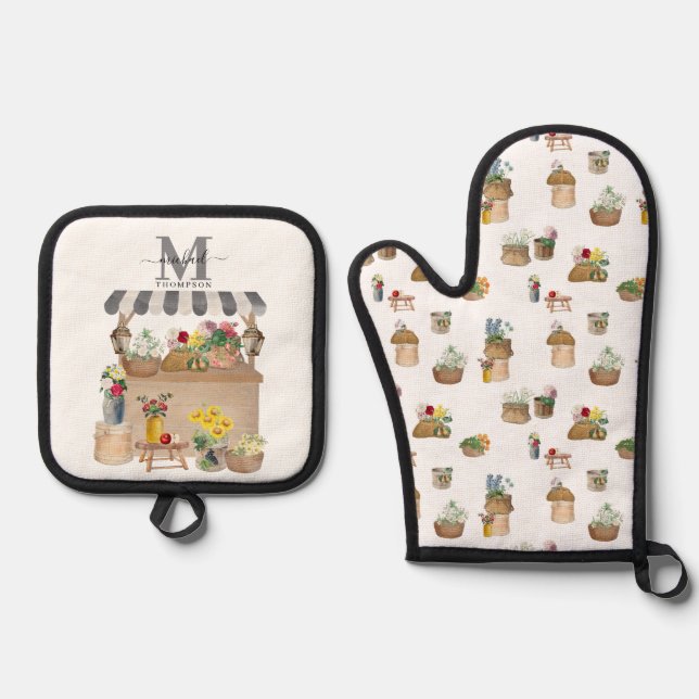 Monogramm des Blumenkartons für Aquarellbauern Ofenhandschuh & Topflappen-Set (Vorderseite)