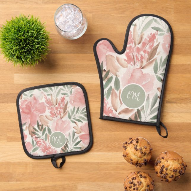 Monogramm des Blumenmusters Ofenhandschuh & Topflappen-Set (Oben Unten)