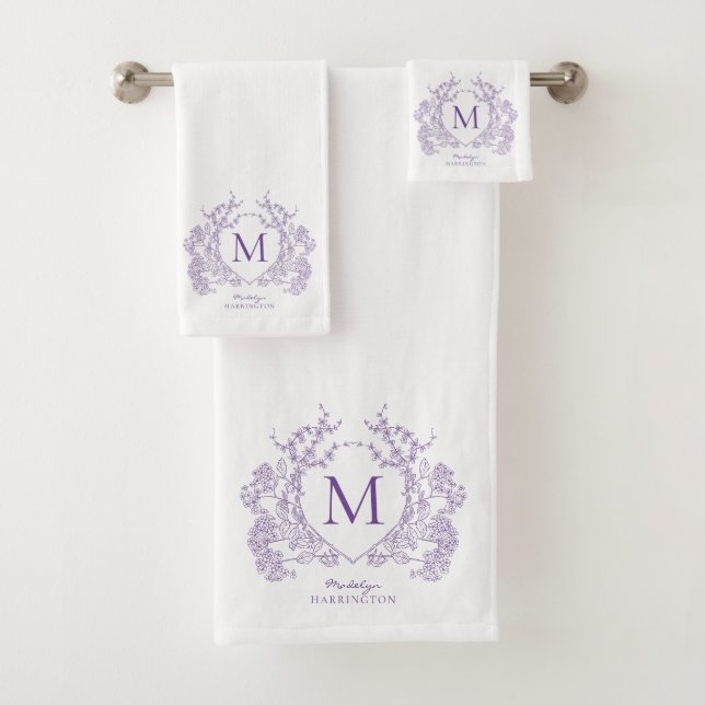 Monogramm des botanischen Violett-Wappen Badhandtuch Set (Insitu)
