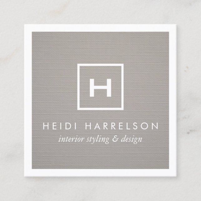 Monogramm des Box-Logos auf grauem Linen/weißem Ra Quadratische Visitenkarte (Vorderseite)