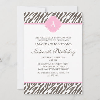 Monogramm des braunen und rosa Zebra-Musters Einladung