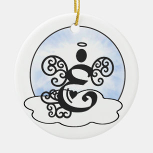 Monogramm des Buchstabe-E mit Engel und Wolken Keramik Ornament