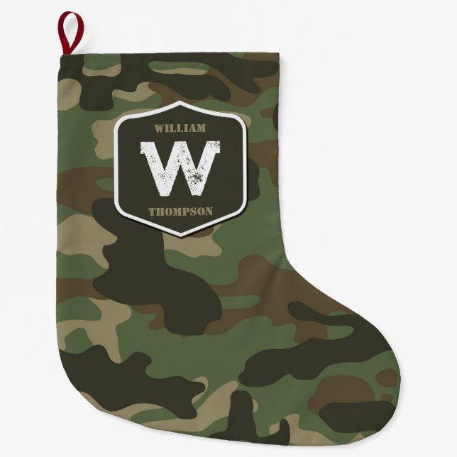 Monogramm des Camouflage Green Camouflage Arms Großer Weihnachtsstrumpf (Vorderseite)