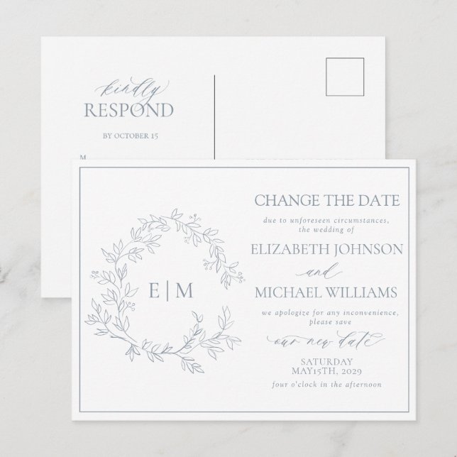 Monogramm des dunkelblauen Wappen ändern das Datum Einladungspostkarte (Vorne/Hinten)