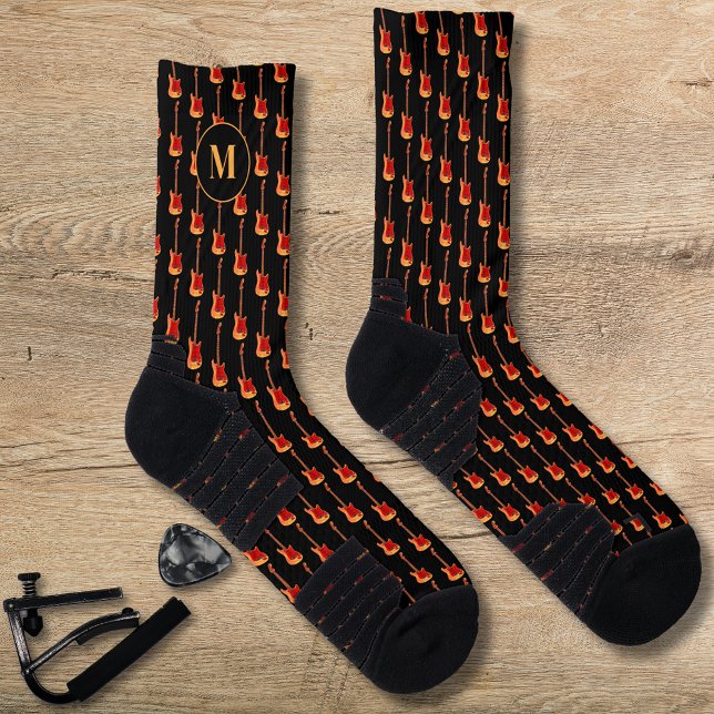 Monogramm des elektrischen Gitarrenmusters Socken (Electric guitar pattern monogram black socks for Father’s Day rockstar guitarist musician dad)