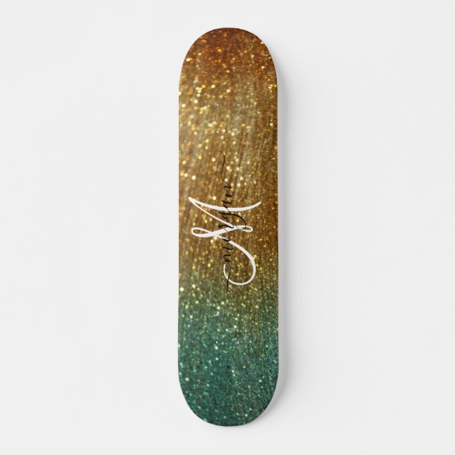 Monogramm des Glitzer Holografisches Gold Skateboard (Vorne)