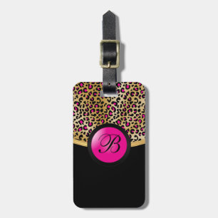 Monogramm des Gold-und Pink-Leopard-Tierdruck-  Gepäckanhänger