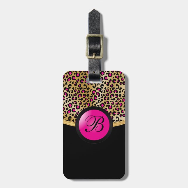 Monogramm des Gold-und Pink-Leopard-Tierdruck-| Gepäckanhänger (Vorderseite vertikal)